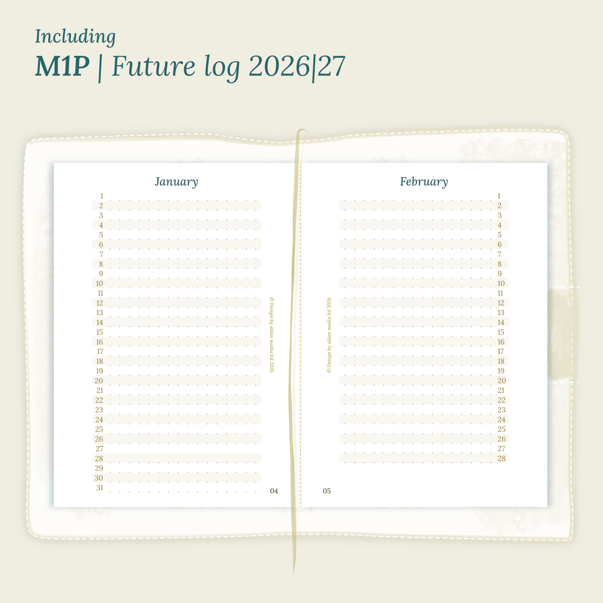 Open planner showing details of the PDF printable planner inserts module M1P future log month on 1 page for 2026 & 2027 inside this Bundle L