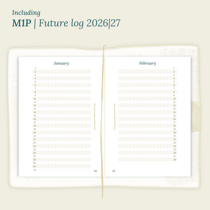 Open planner showing details of the PDF printable planner inserts module M1P future log month on 1 page for 2026 & 2027 inside this Bundle L