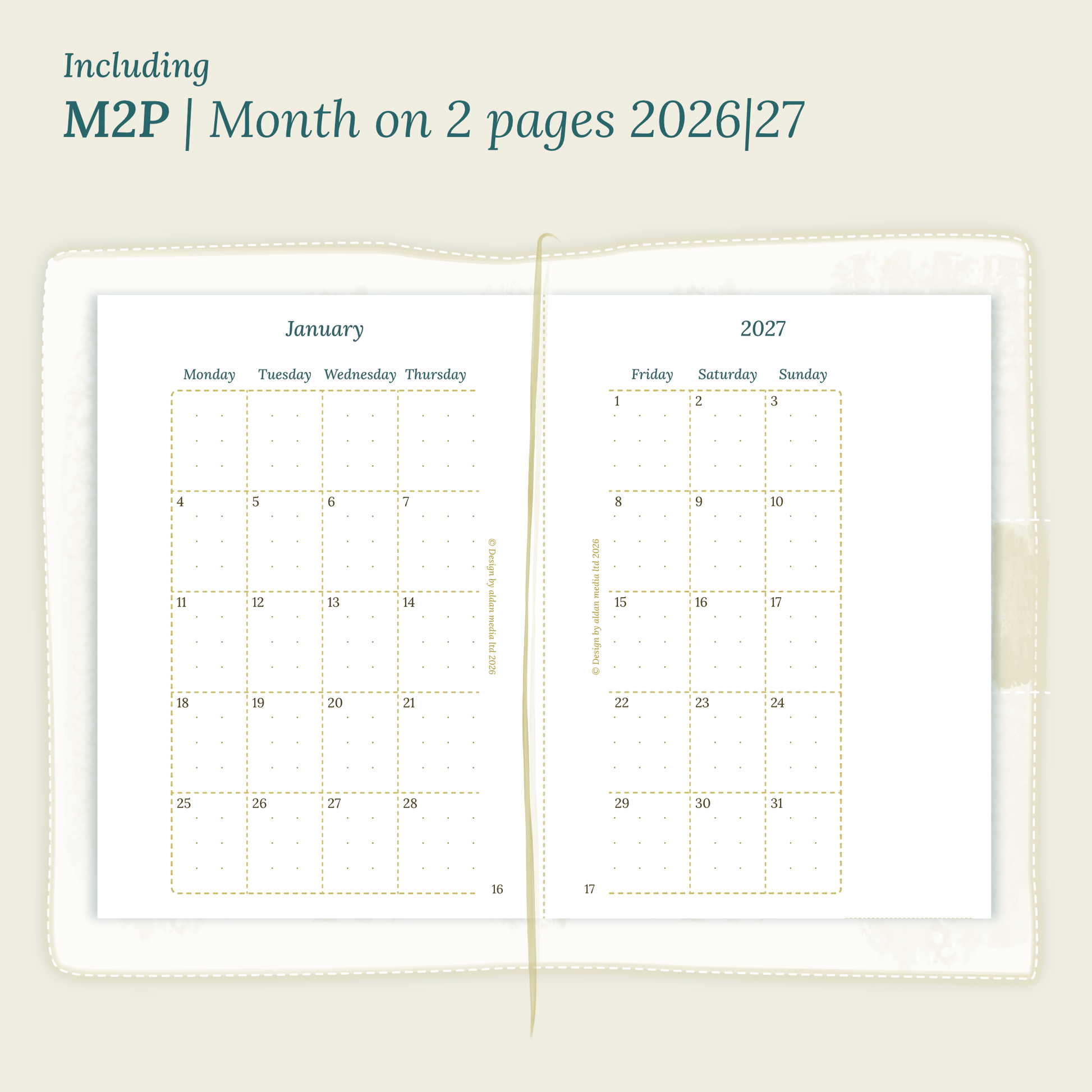 Open planner showing details of the PDF printable planner inserts module M2P month on 2 pages for 2026 and 2027 inside this Bundle L.