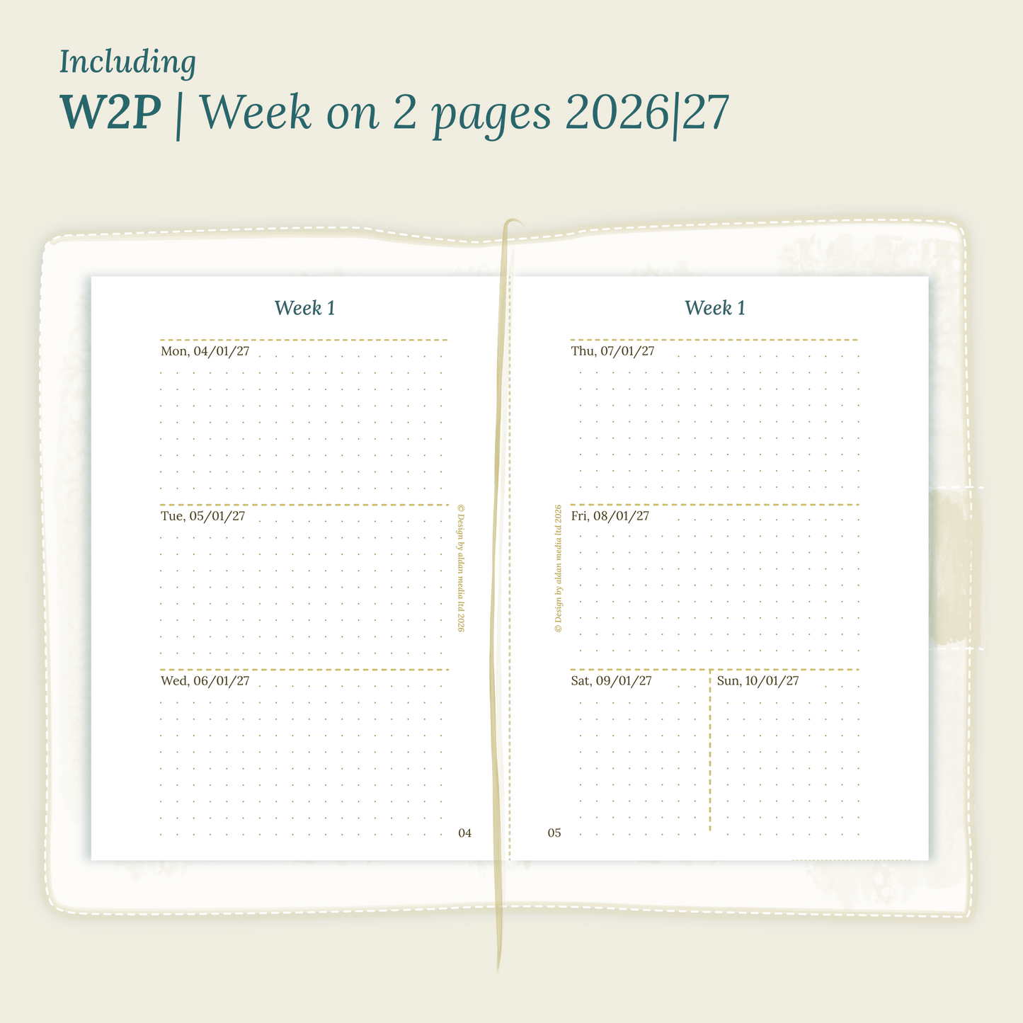 Open planner showing details of the PDF printable planner inserts module W2P week on 2 pages for 2026 and 2027 inside this Bundle L.
