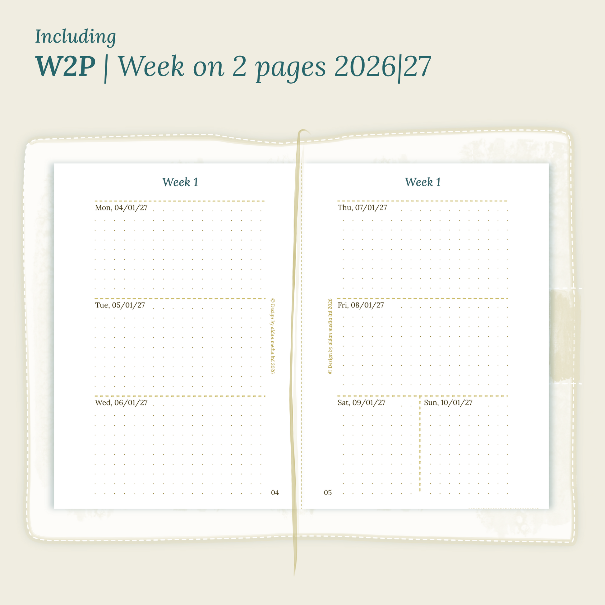Open planner showing details of the PDF printable planner inserts module W2P week on 2 pages for 2026 and 2027 inside this Bundle L.