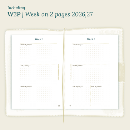 Open planner showing details of the PDF printable planner inserts module W2P week on 2 pages for 2026 and 2027 inside this Bundle L.