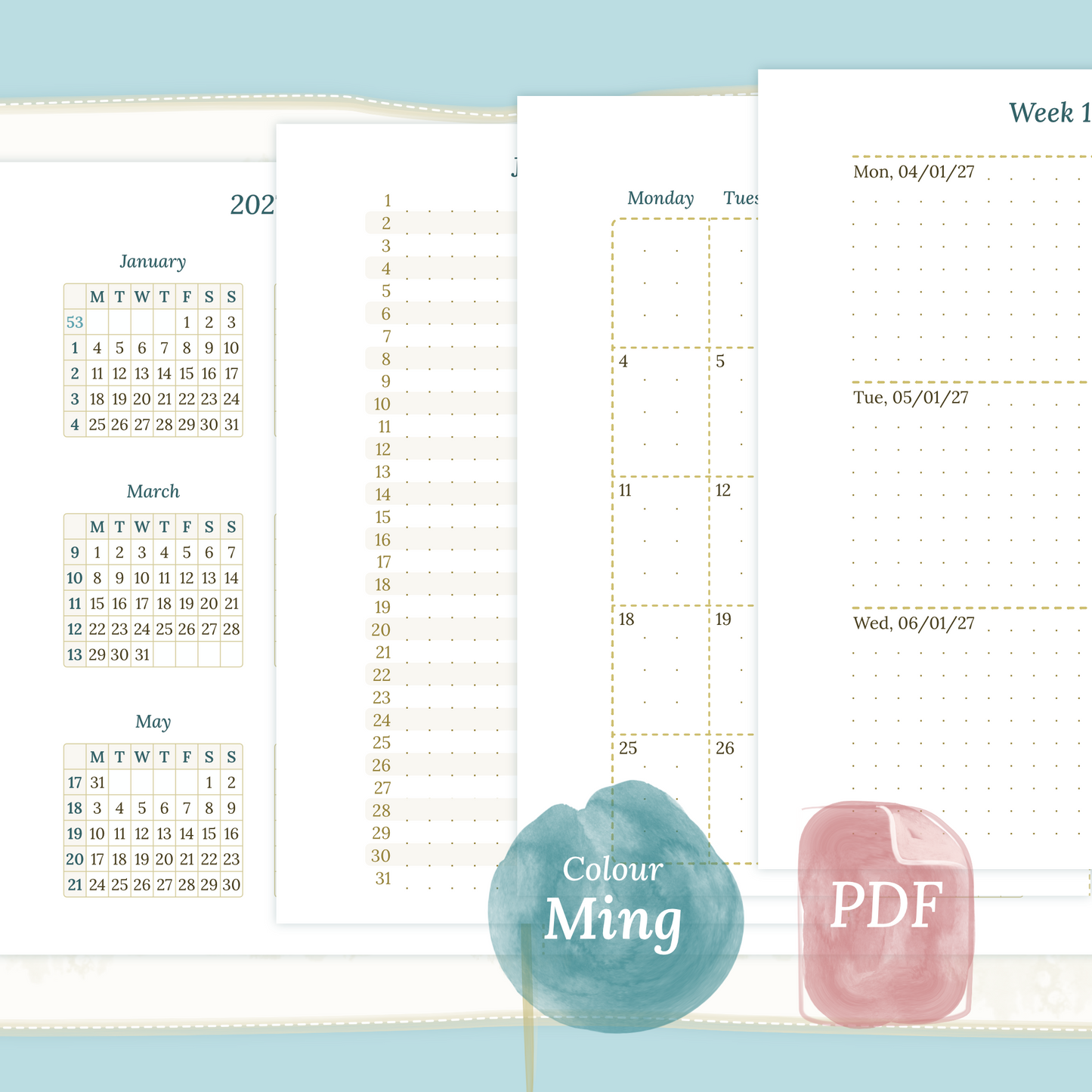 Examples featuring the different PDF printable planner inserts modules of this Bundle L for 2026 and 2027 in the colour Ming/Blue featuring 12M2P 12 month on 2 pages, M1P future log month on 1 page, M2P month on 2 pages and W2P week on 2 pages.
