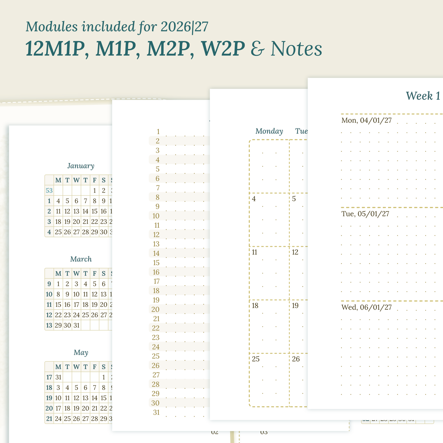 Calendar PDF printable inserts modules for the years 2026 and 2027 with various formats on a beige background featuring 12M2P 12 month on 2 pages, M1P future log month on 1 page, M2P month on 2 pages, W2P week on 2 pages and a Notes.