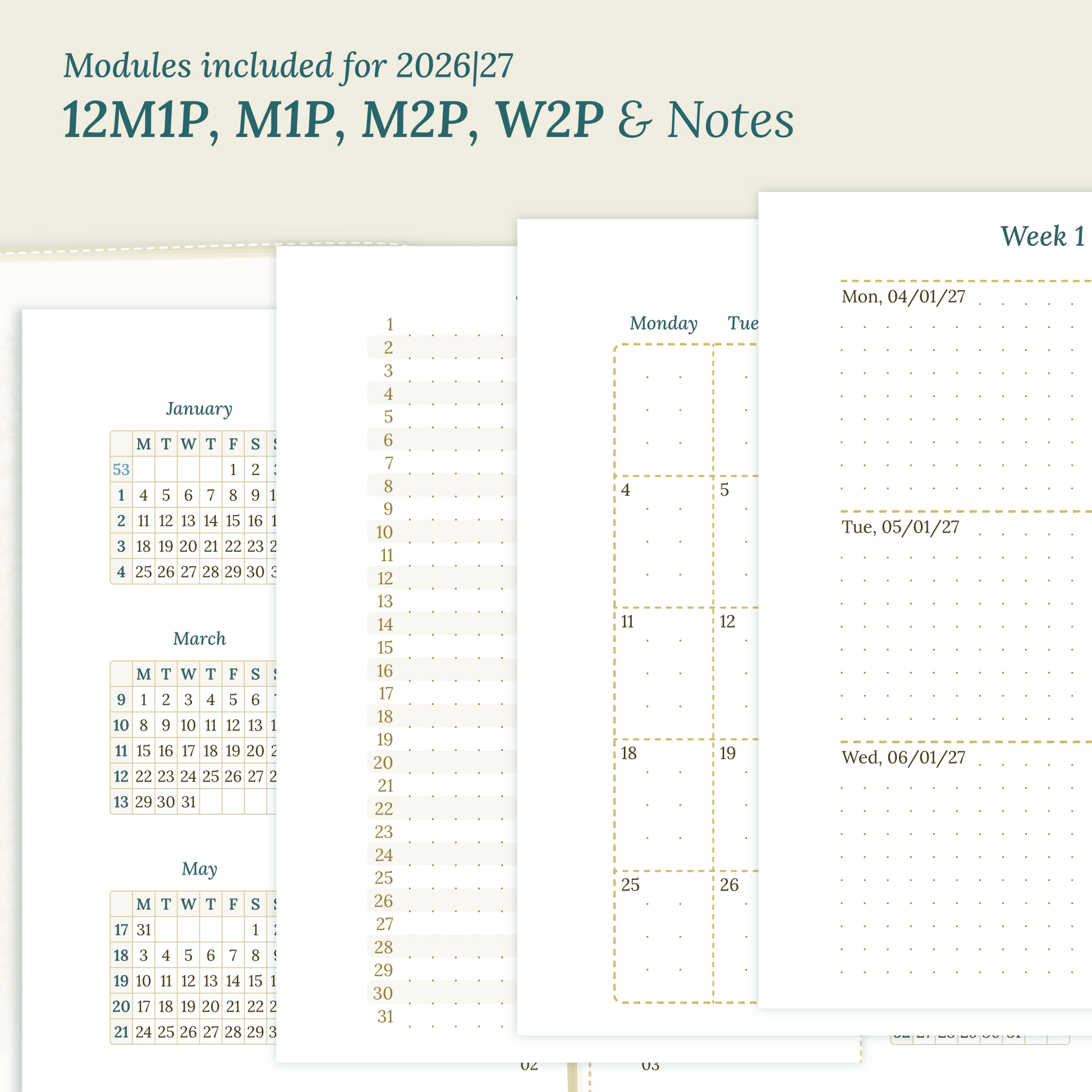 Calendar PDF printable inserts modules for the years 2026 and 2027 with various formats on a beige background featuring 12M2P 12 month on 2 pages, M1P future log month on 1 page, M2P month on 2 pages, W2P week on 2 pages and a Notes.