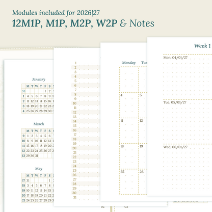 Calendar PDF printable inserts modules for the years 2026 and 2027 with various formats on a beige background featuring 12M2P 12 month on 2 pages, M1P future log month on 1 page, M2P month on 2 pages, W2P week on 2 pages and a Notes.