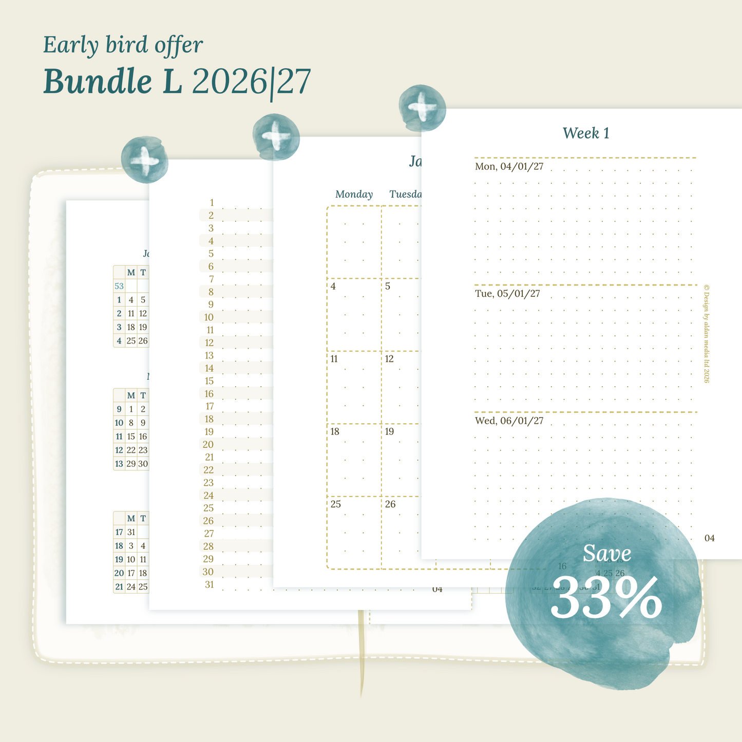 Calendar PDF printable Bundle L for 2026 and 2027 with early bird offer of 33% discount for Passport size Traveler's Notebook planner.