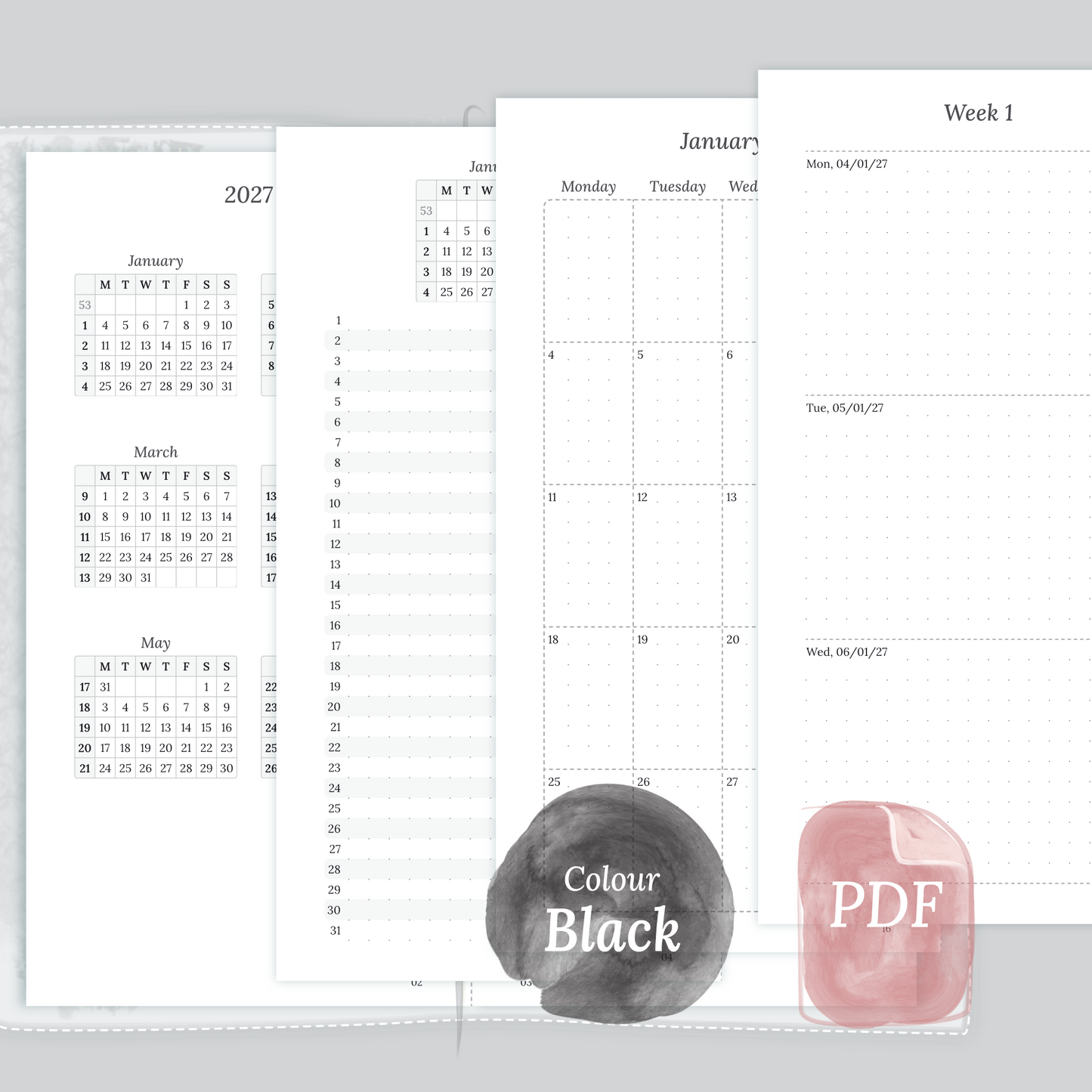 Examples featuring the different PDF printable planner inserts modules of this Bundle L for 2026 and 2027 in the colour Black & White featuring 12M2P 12 month on 2 pages, M1P future log month on 1 page, M2P month on 2 pages and W2P week on 2 pages.