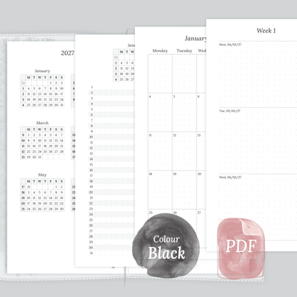 Examples featuring the different PDF printable planner inserts modules of this Bundle L for 2026 and 2027 in the colour Black & White featuring 12M2P 12 month on 2 pages, M1P future log month on 1 page, M2P month on 2 pages and W2P week on 2 pages.