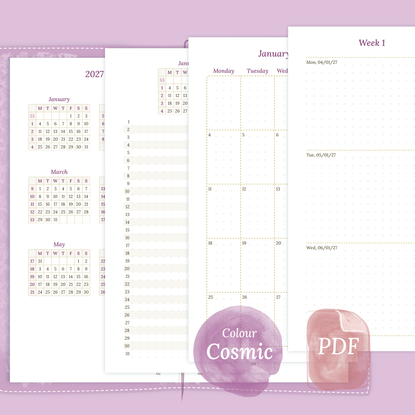 Examples featuring the different PDF printable planner inserts modules of this Bundle L for 2026 and 2027 in the colour Cosmic/Raspberry featuring 12M2P 12 month on 2 pages, M1P future log month on 1 page, M2P month on 2 pages and W2P week on 2 pages.