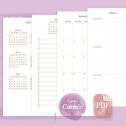 Examples featuring the different PDF printable planner inserts modules of this Bundle L for 2026 and 2027 in the colour Cosmic/Raspberry featuring 12M2P 12 month on 2 pages, M1P future log month on 1 page, M2P month on 2 pages and W2P week on 2 pages.