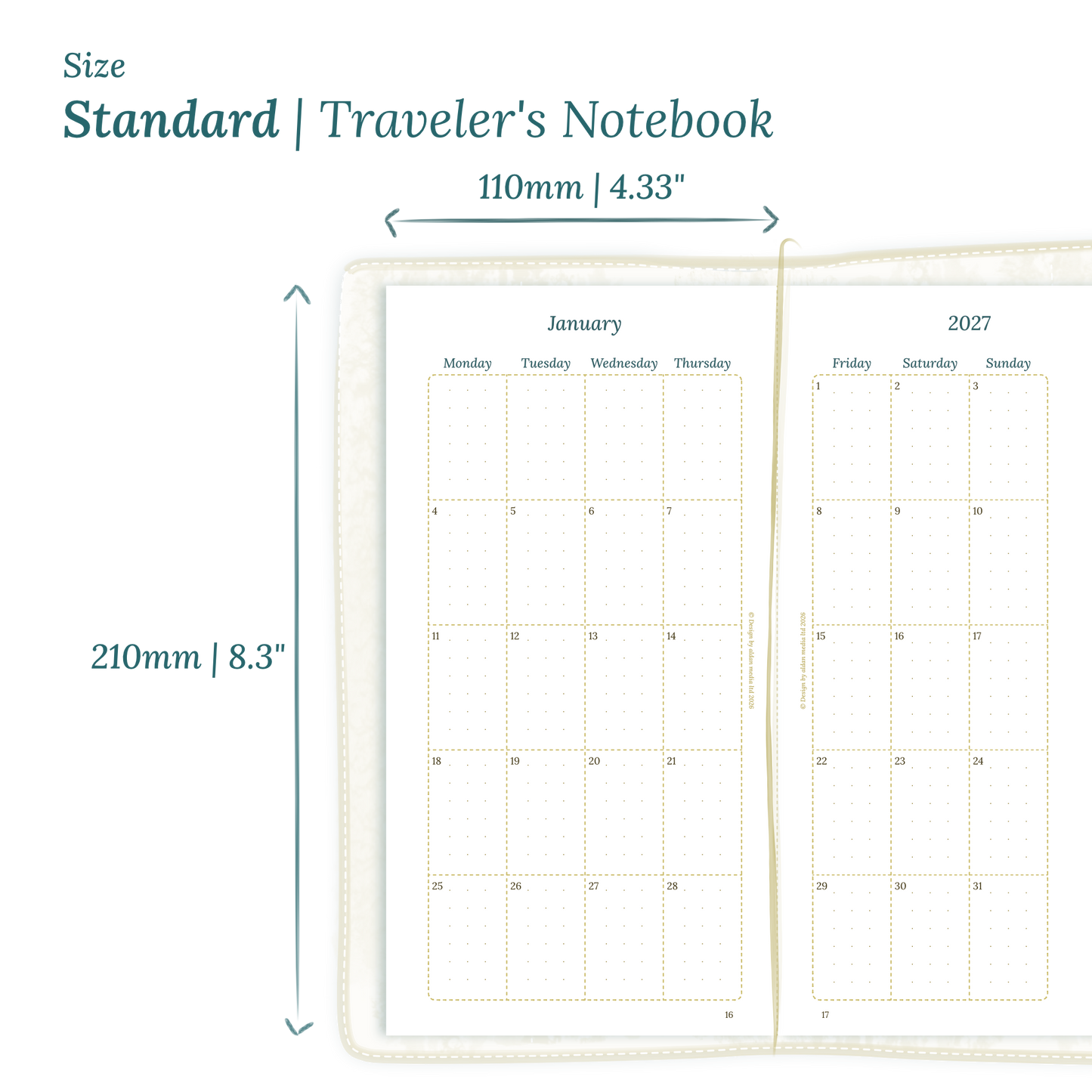Printable PDF calendar planner insert with dimensions labeled on a white background to show the size supported which is Standard size for Traveler's Notebook.