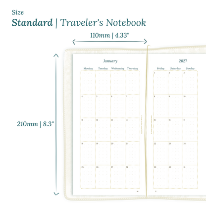 Printable PDF calendar planner insert with dimensions labeled on a white background to show the size supported which is Standard size for Traveler's Notebook.