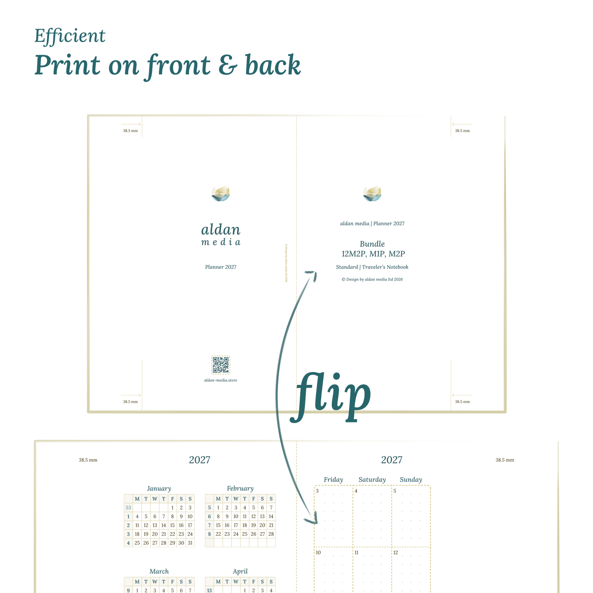 Printable PDF calendar title design and text indicating efficient printing on front and back.