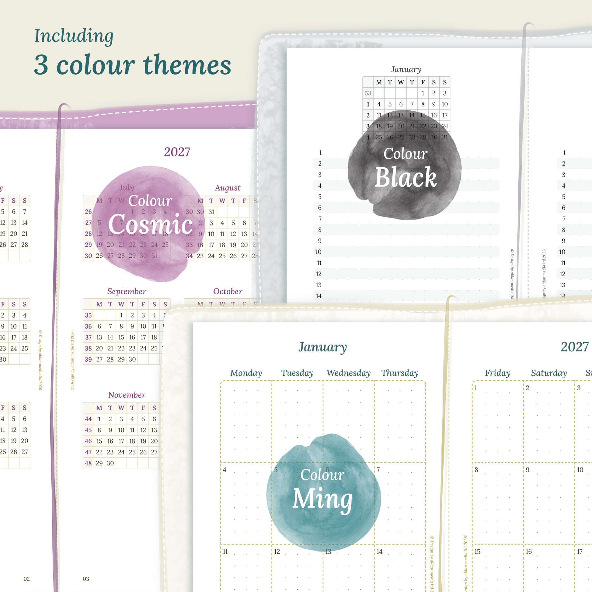 Three colour variants of the calendar designs with colour themes ‚Cosmic/Raspberry', 'Black', and ‚Ming/Blue' displayed to show how the different modules of the Bundle L look like.