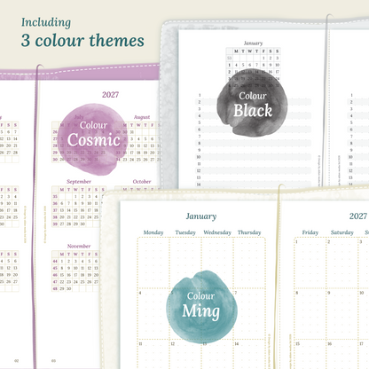 Three colour variants of the calendar designs with colour themes ‚Cosmic/Raspberry', 'Black', and ‚Ming/Blue' displayed to show how the different modules of the Bundle L look like.