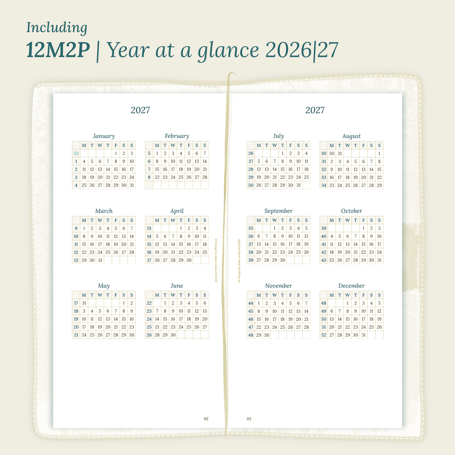 Open planner showing details of the PDF printable planner inserts module  12M2P 12 months on 2 pages for 2026 & 2027 inside this Bundle L