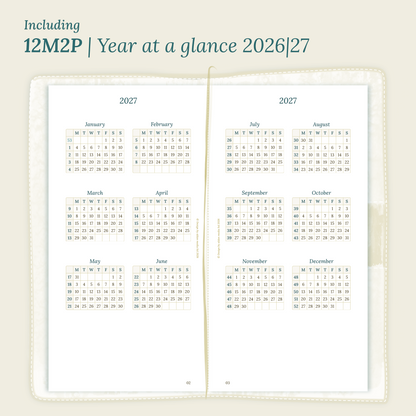 Open planner showing details of the PDF printable planner inserts module  12M2P 12 months on 2 pages for 2026 & 2027 inside this Bundle L