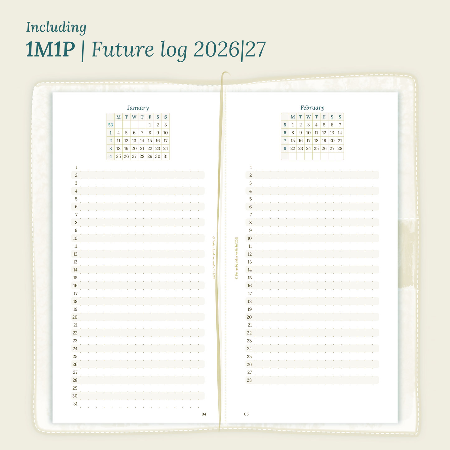Open planner showing details of the PDF printable planner inserts module M1P future log month on 1 page for 2026 & 2027 inside this Bundle L