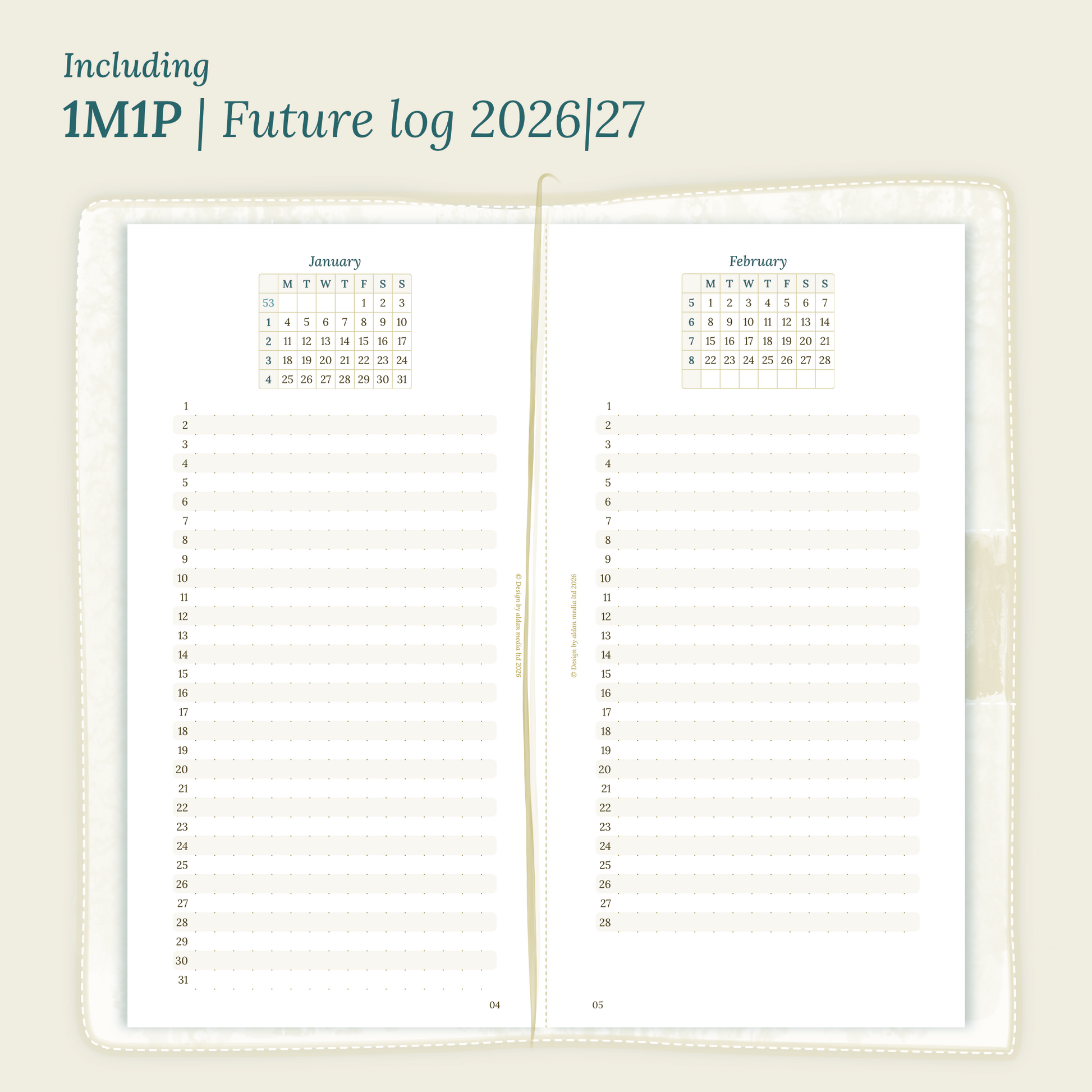 Open planner showing details of the PDF printable planner inserts module M1P future log month on 1 page for 2026 & 2027 inside this Bundle L