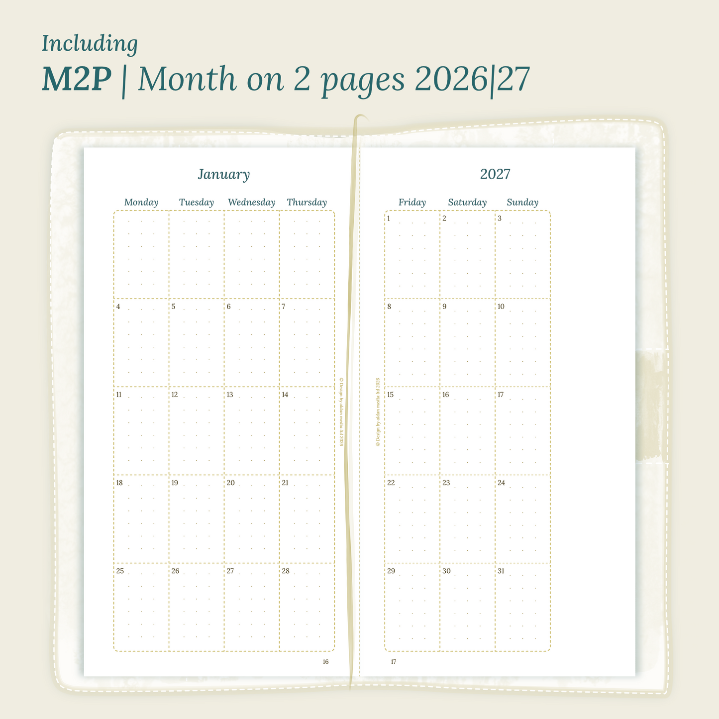 Open planner showing details of the PDF printable planner inserts module M2P month on 2 pages for 2026 and 2027 inside this Bundle L.