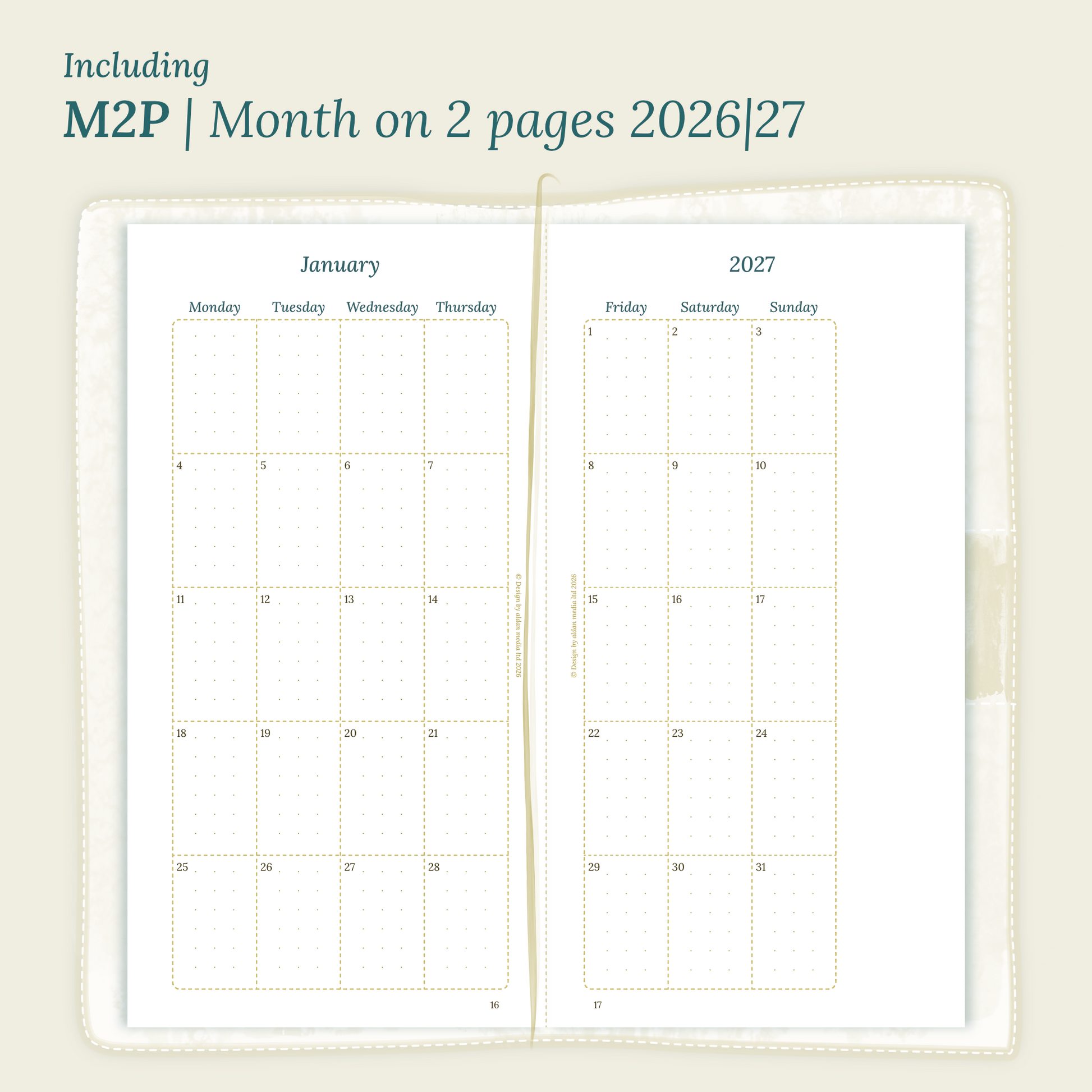 Open planner showing details of the PDF printable planner inserts module M2P month on 2 pages for 2026 and 2027 inside this Bundle L.