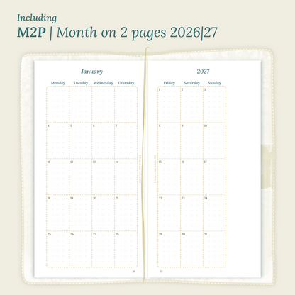 Open planner showing details of the PDF printable planner inserts module M2P month on 2 pages for 2026 and 2027 inside this Bundle L.