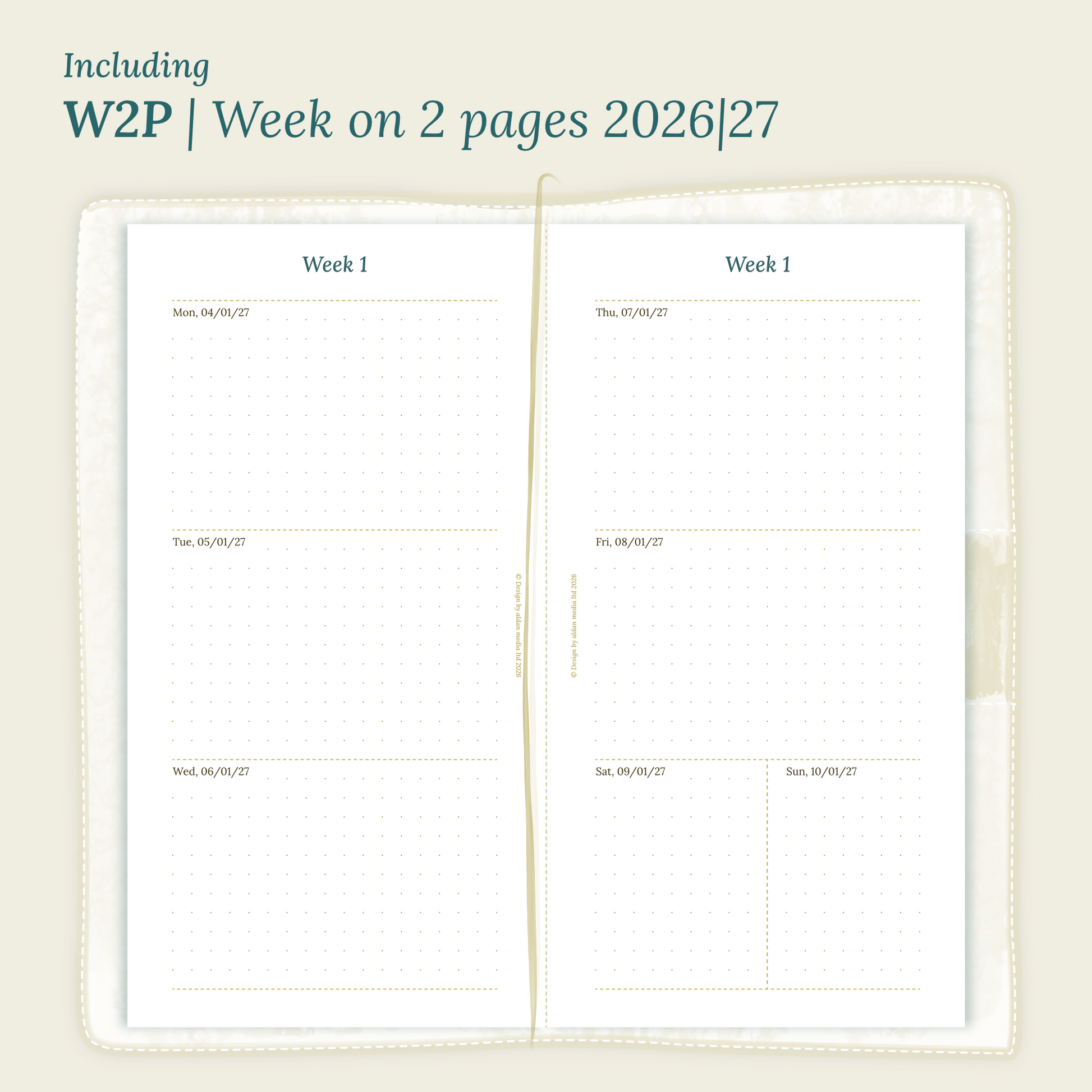 Open planner showing details of the PDF printable planner inserts module W2P week on 2 pages for 2026 and 2027 inside this Bundle L.