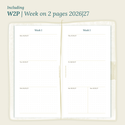 Open planner showing details of the PDF printable planner inserts module W2P week on 2 pages for 2026 and 2027 inside this Bundle L.