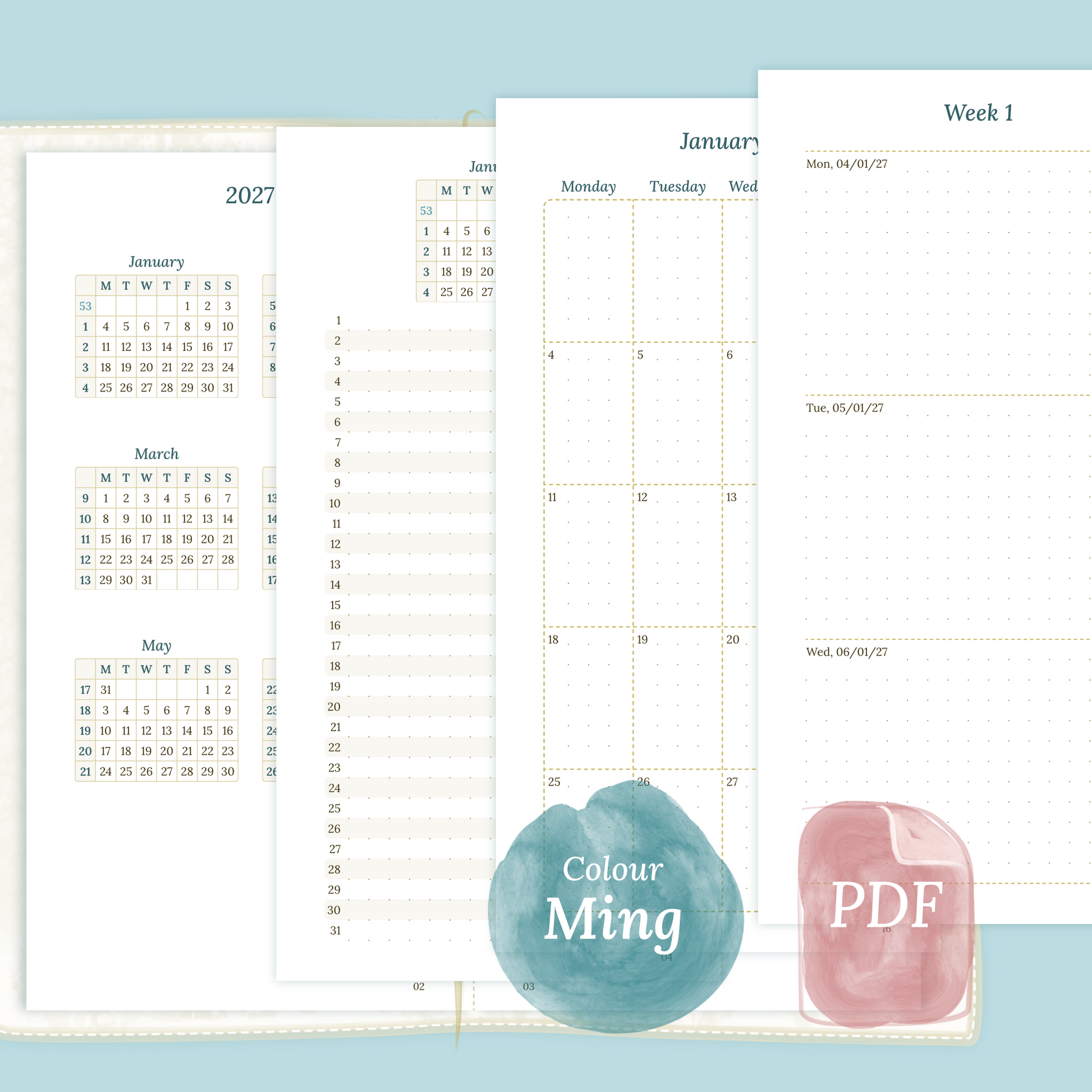 Examples featuring the different PDF printable planner inserts modules of this Bundle L for 2026 and 2027 in the colour Ming/Blue featuring 12M2P 12 month on 2 pages, M1P future log month on 1 page, M2P month on 2 pages and W2P week on 2 pages.