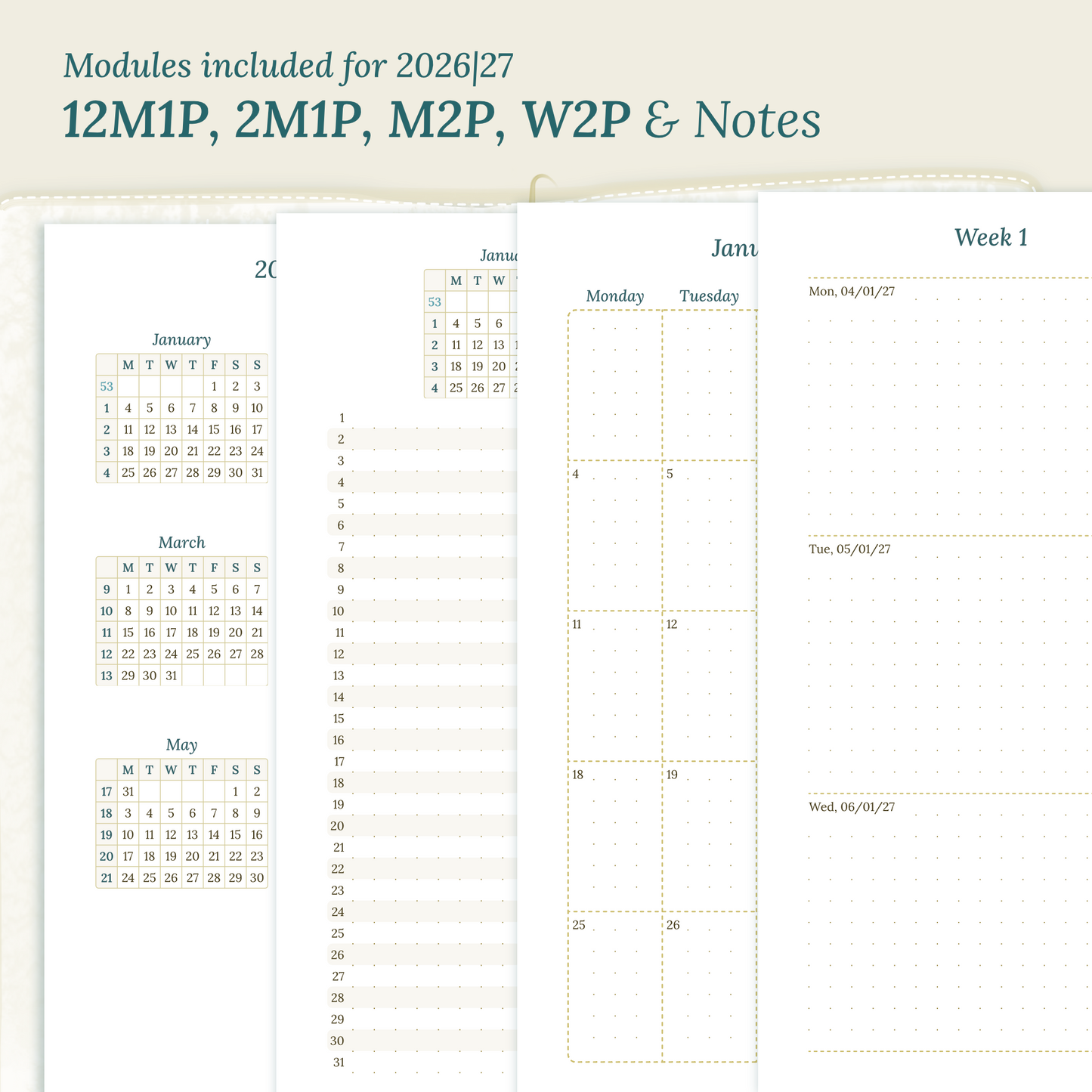 Calendar PDF printable inserts modules for the years 2026 and 2027 with various formats on a beige background featuring 12M2P 12 month on 2 pages, M1P future log month on 1 page, M2P month on 2 pages, W2P week on 2 pages and a Notes.