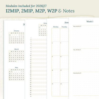 Calendar PDF printable inserts modules for the years 2026 and 2027 with various formats on a beige background featuring 12M2P 12 month on 2 pages, M1P future log month on 1 page, M2P month on 2 pages, W2P week on 2 pages and a Notes.