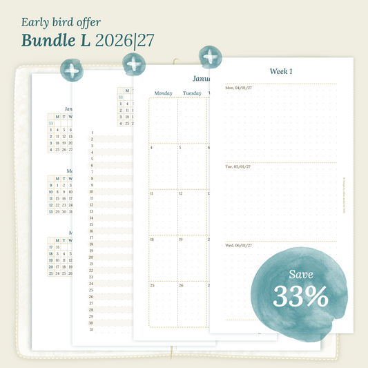 Calendar PDF printable Bundle L for 2026 and 2027 with early bird offer of 33% discount for Standard size Traveler's Notebook planner.