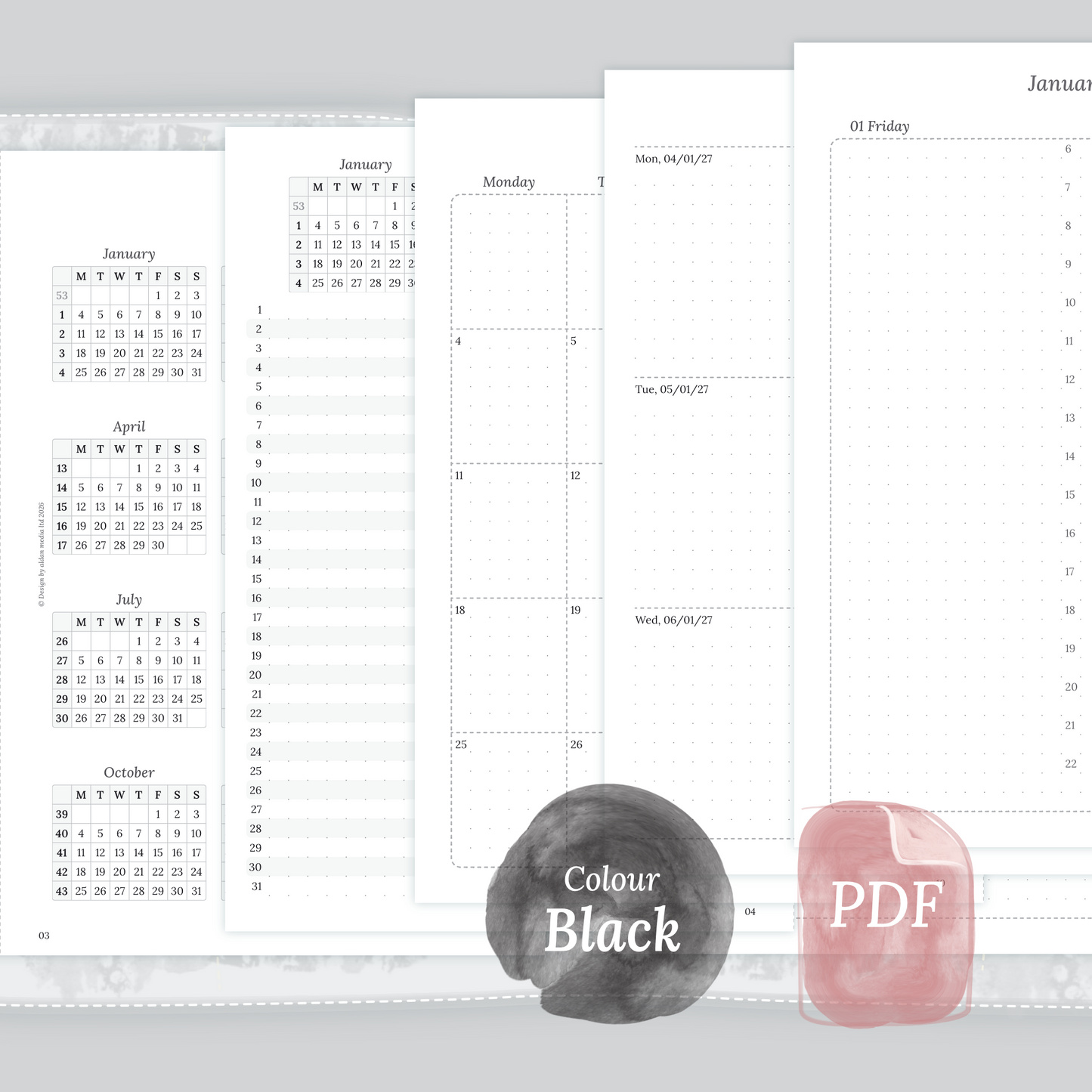 Examples featuring the printable inserts modules of the Bundle XL 12M1P 12 month on 1page or year at a glance, 2M1P 2 months on 1 page or future log, M2P month on 2 pages, W2P week on 2 pages, D1P day on 1 page and Notes in the colour Black & White.