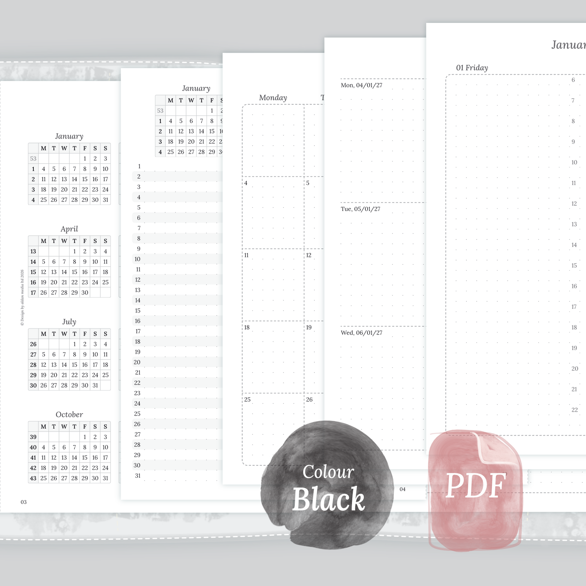 Examples featuring the printable inserts modules of the Bundle XL 12M1P 12 month on 1page or year at a glance, 2M1P 2 months on 1 page or future log, M2P month on 2 pages, W2P week on 2 pages, D1P day on 1 page and Notes in the colour Black & White.