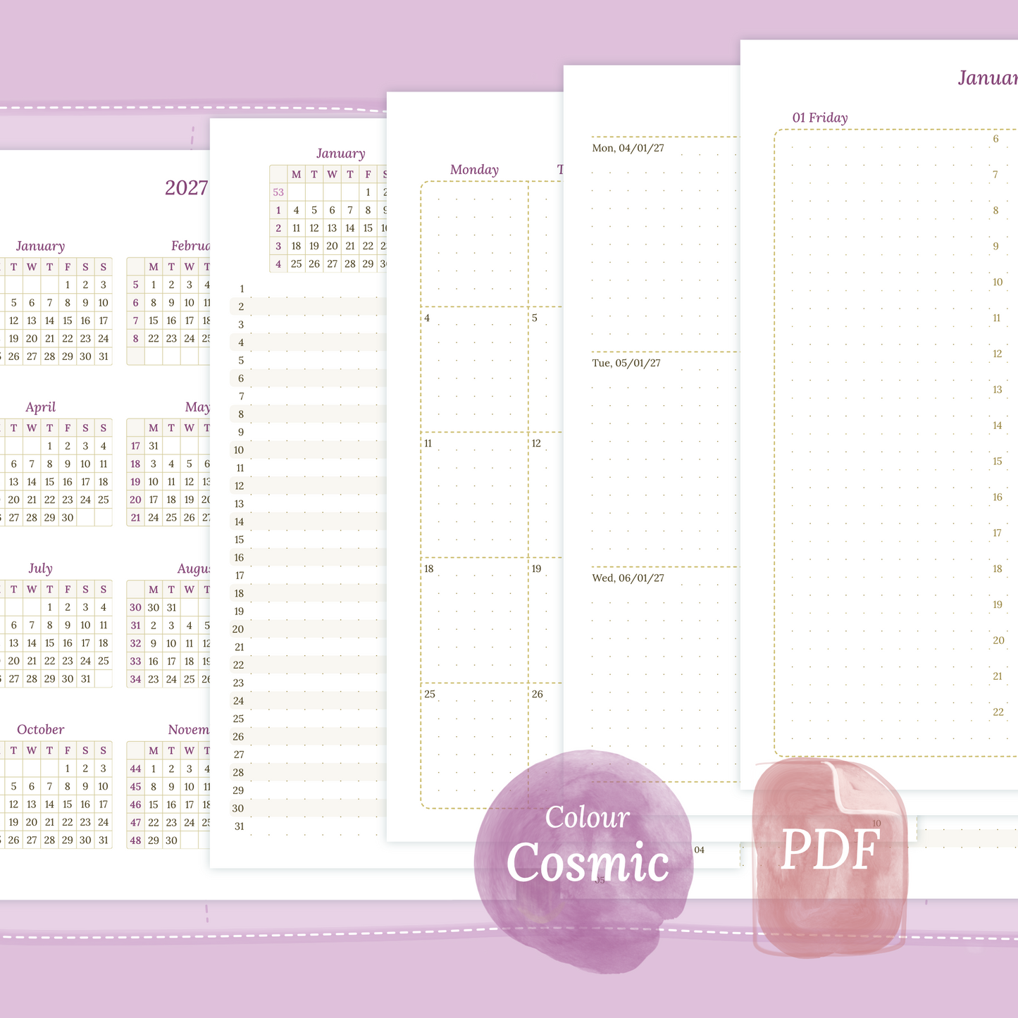 Examples featuring the printable inserts modules of the Bundle XL 12M1P 12 month on 1page or year at a glance, 2M1P 2 months on 1 page or future log, M2P month on 2 pages, W2P week on 2 pages, D1P day on 1 page and Notes in the colour Cosmic/Raspberry.