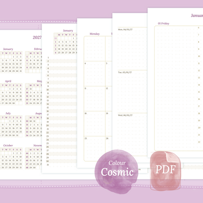 Examples featuring the printable inserts modules of the Bundle XL 12M1P 12 month on 1page or year at a glance, 2M1P 2 months on 1 page or future log, M2P month on 2 pages, W2P week on 2 pages, D1P day on 1 page and Notes in the colour Cosmic/Raspberry.