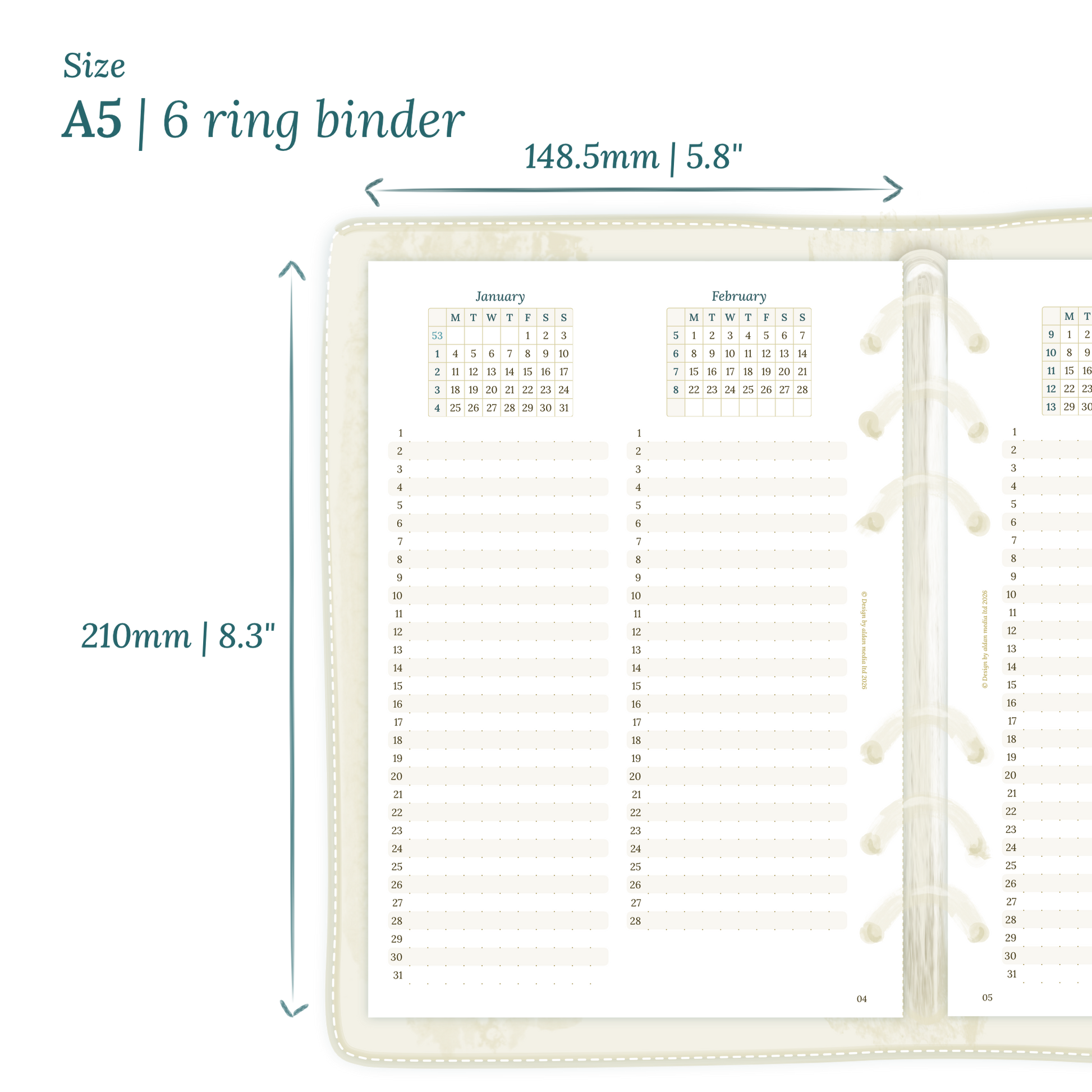 Calendar planner insert with dimensions labeled on a white background to show the size supported which is A5 for 6 ring binder.