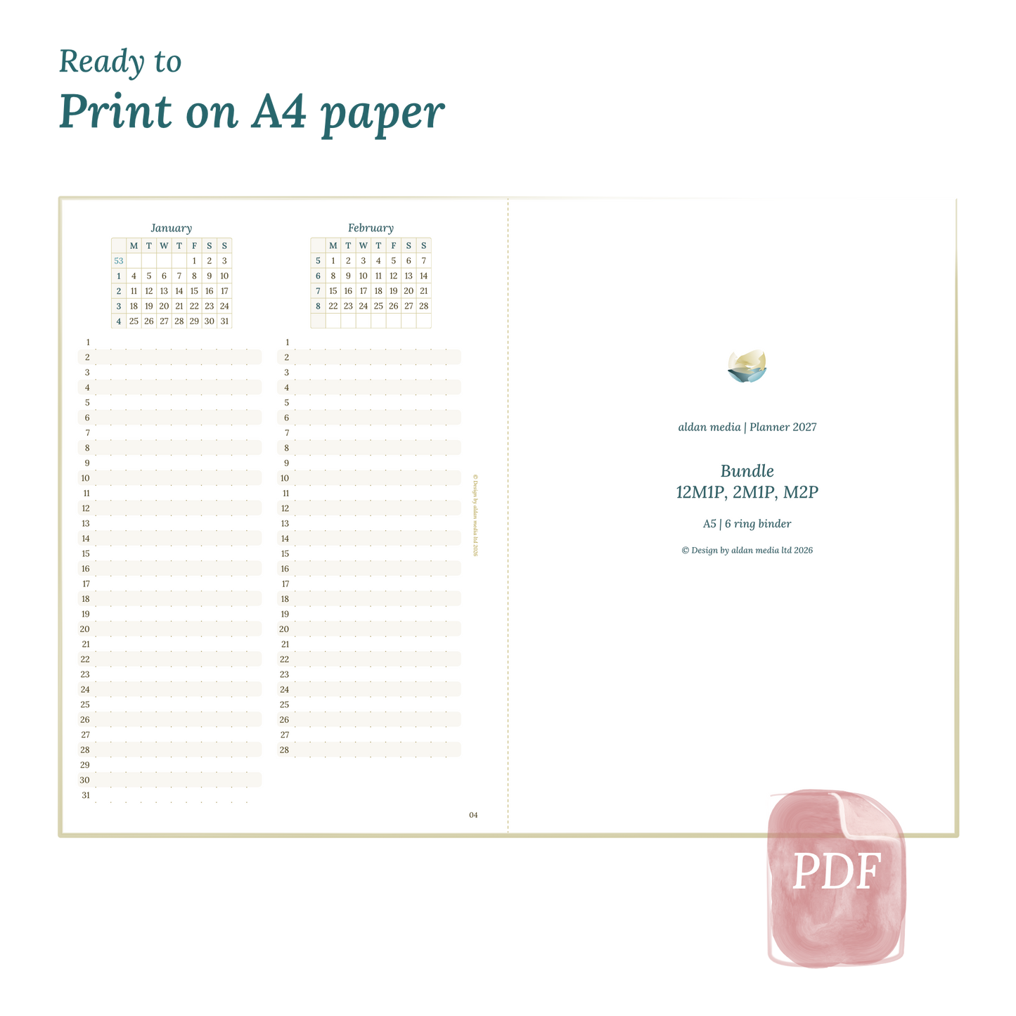 Calendar planner with title design on A4 paper that illustrates that our products are ready to print.