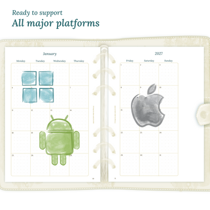 Open planner calendar insert with Windows, Android and Apple logos on a white background to show what operating systems are supported by our PDF printables.