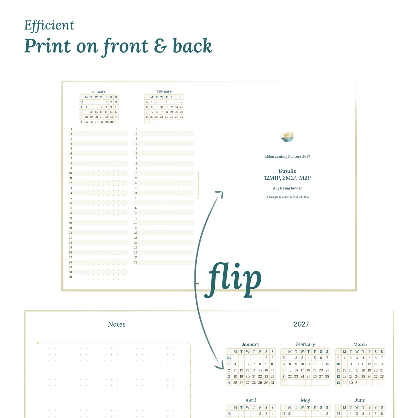 Showing 2 pages of the planner to illustrate the possibility to print our PDF printables on both sides of any DIN A4 page
