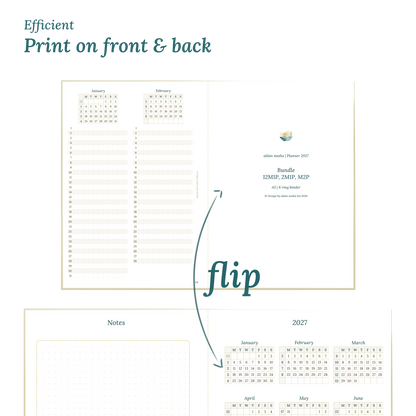 Showing 2 pages of the planner to illustrate the possibility to print our PDF printables on both sides of any DIN A4 page