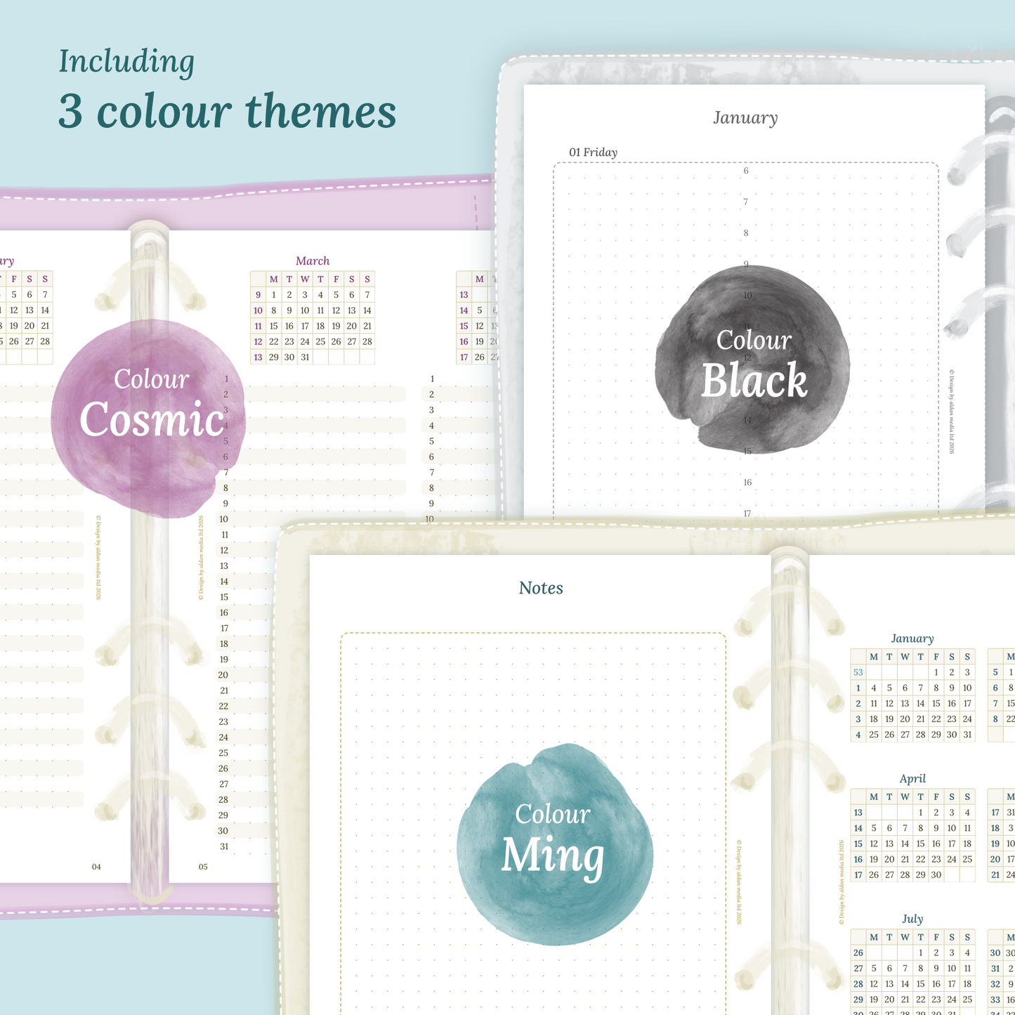 Three colour variants of the calendar designs with colour themes 'Cosmic', 'Black', and 'Ming' displayed to show how the different modules of the Bundle XL look like.