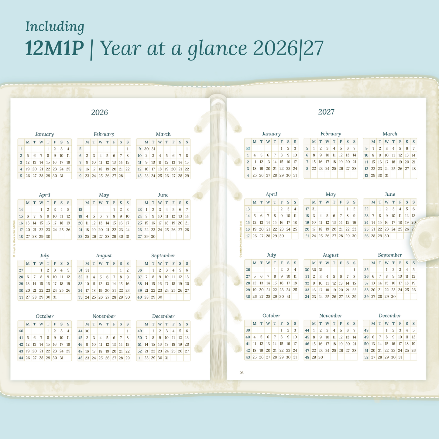 Open planner showing details of the printable planner inserts module 12M1P 12 months on 1 page for 2026 & 2027 inside this Bundle XL