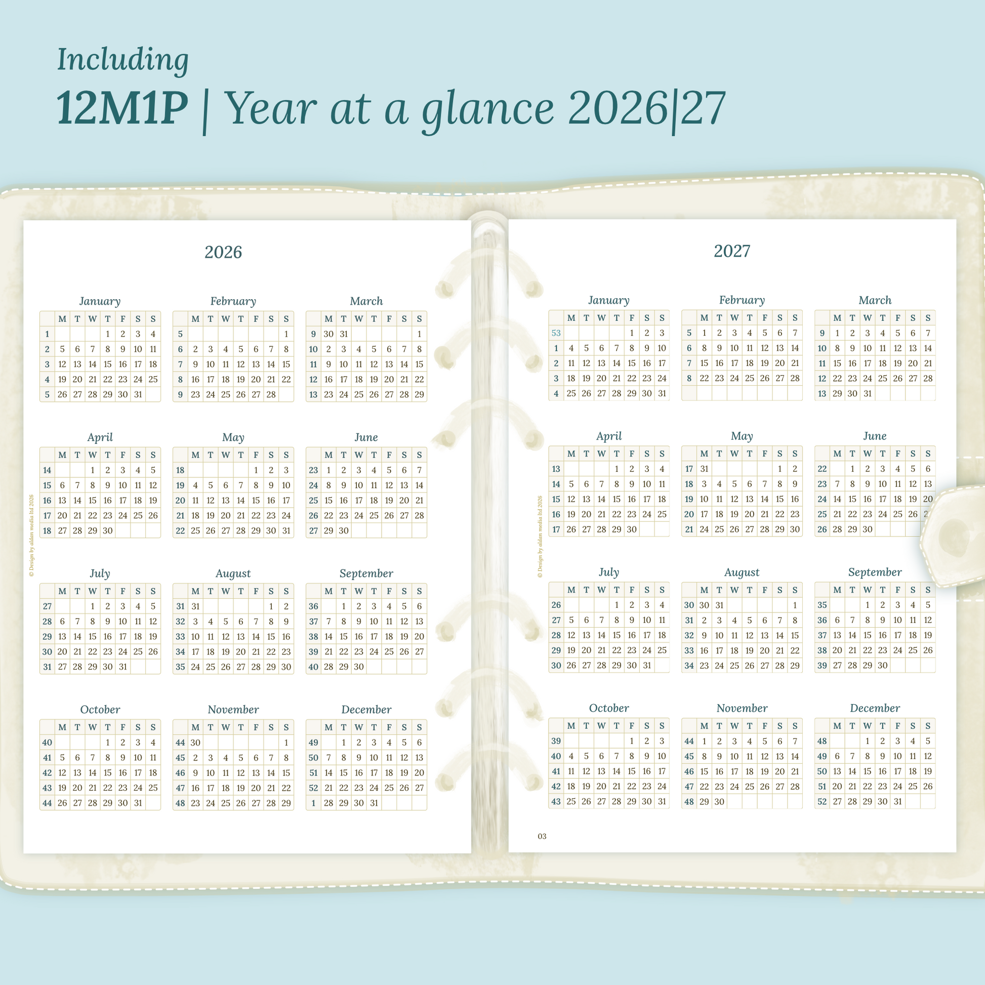 Open planner showing details of the printable planner inserts module 12M1P 12 months on 1 page for 2026 & 2027 inside this Bundle XL