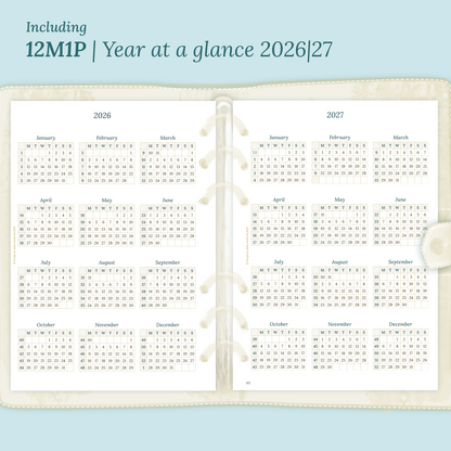 Open planner showing details of the printable planner inserts module 12M1P 12 months on 1 page for 2026 & 2027 inside this Bundle XL