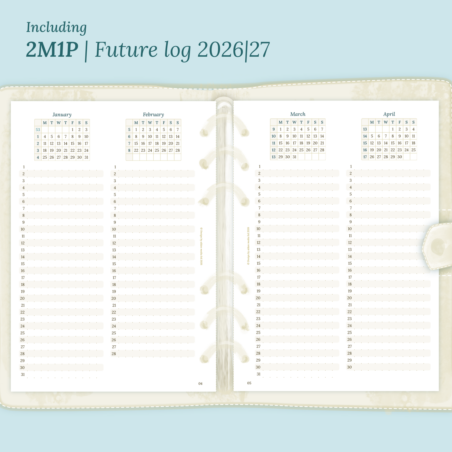 Open planner showing details of the printable planner inserts module 2M1P future log 2 months on 1 page for 2026 & 2027 inside this Bundle XL