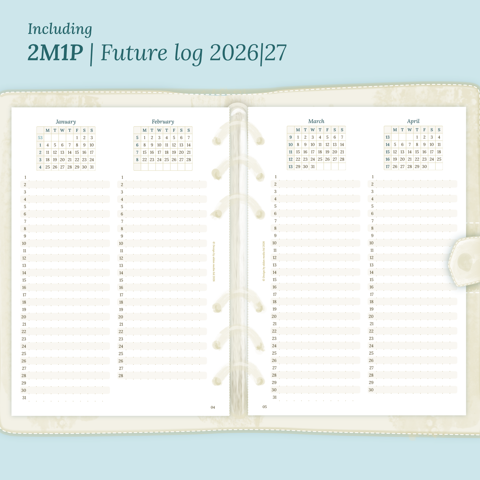 Open planner showing details of the printable planner inserts module 2M1P future log 2 months on 1 page for 2026 & 2027 inside this Bundle XL