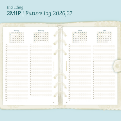 Open planner showing details of the printable planner inserts module 2M1P future log 2 months on 1 page for 2026 & 2027 inside this Bundle XL