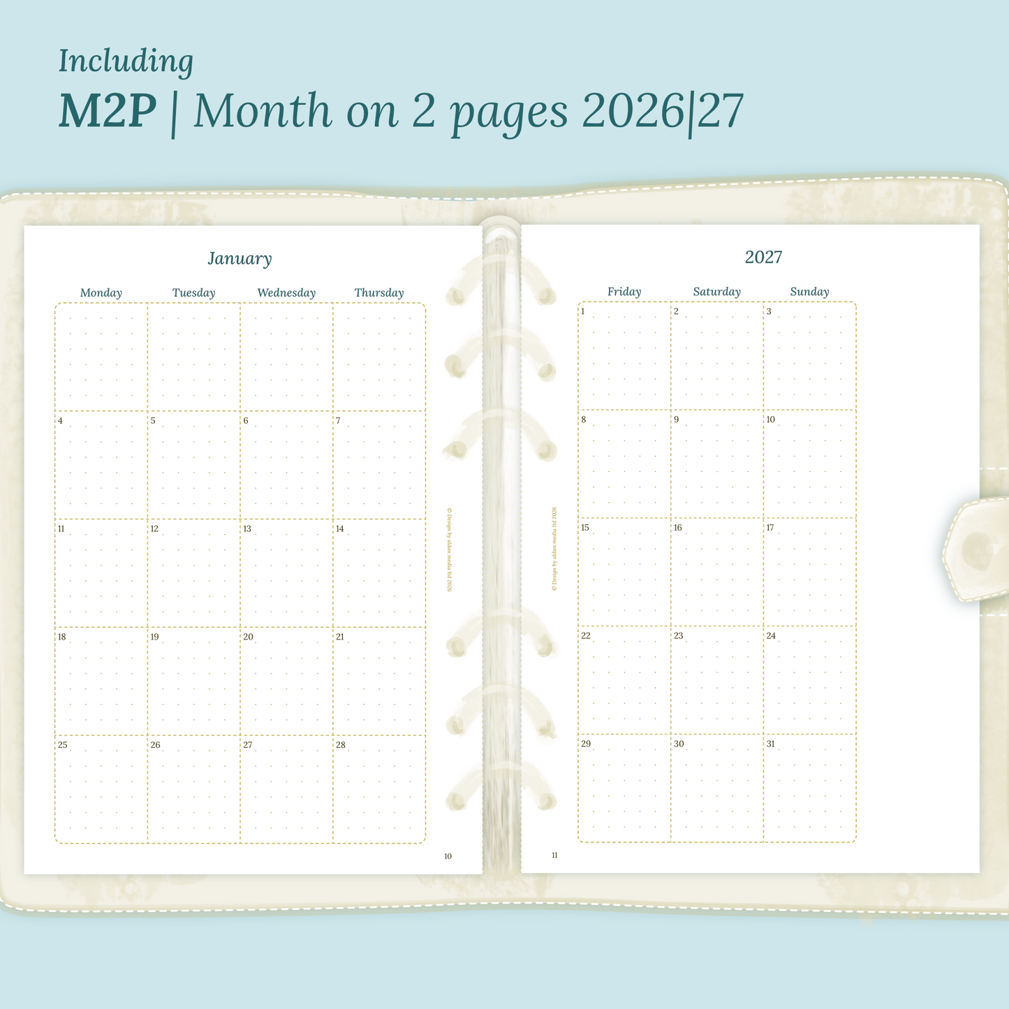 Open planner showing details of the printable planner inserts module M2P month on 2 pages for 2026 and 2027 inside this Bundle XL.